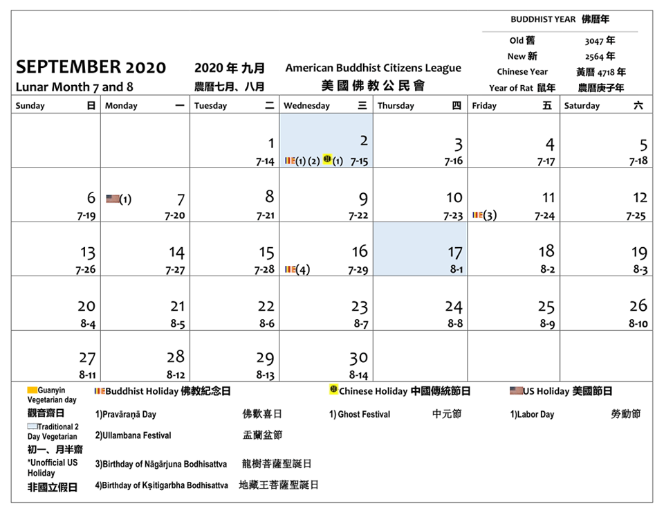 2020年九月。二號和十七號是初一以及月半齋日。有四個佛教紀念日：二號是盂蘭盆節與佛歡喜節、十一號是龍樹菩薩聖誕日和十六號是地藏王菩薩聖誕日。二號是鬼節。七號是勞動節。